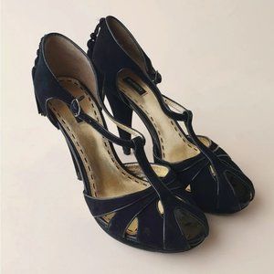 MIMCO Suede Leather Black T-Bar Peep Toe Heels